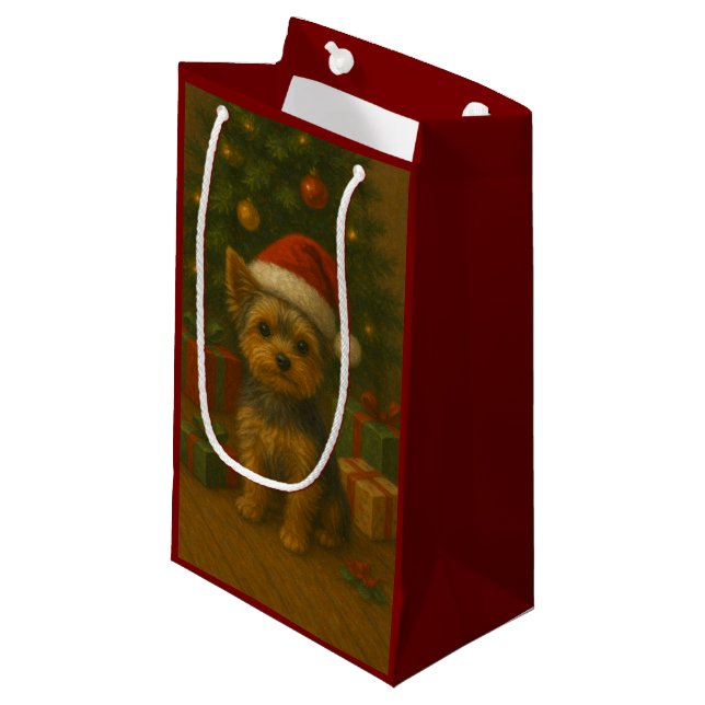 Sacola Para Presentes Pequena Yorkie de Natal (Frente inclinada)