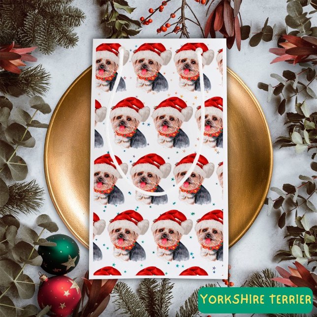 Sacola Para Presentes Pequena Yorkshire Terrier Dog Breed Christmas Stars (Criador carregado)