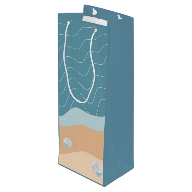 Sacola Para Vinho Abstrato Beach Pattern Wave Lines Blue Sand Shelds (Verso inclinado)