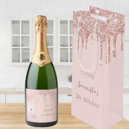 Sacola Para Vinho aniversário de 21 anos rosa dourado glitter nome d