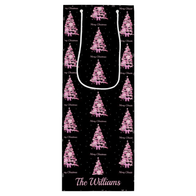 Sacola Para Vinho Árvore de Natal Rosa Moderna - Nome Personalizado  (Frente)