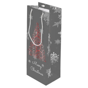 Sacola Para Vinho Árvore de Natal Vermelha e Flocos de Neve, Snowfla