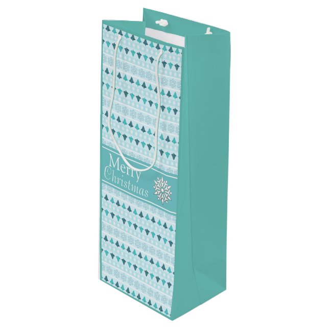 Sacola Para Vinho Árvores de inverno e flocos de neve azul-padrão (Frente inclinada)