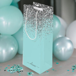 Sacola Para Vinho Azul Aqua Verde Teal Prata Glitter Monograma