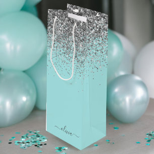 Sacola Para Vinho Azul Aqua Verde Teal Prata Glitter Monograma