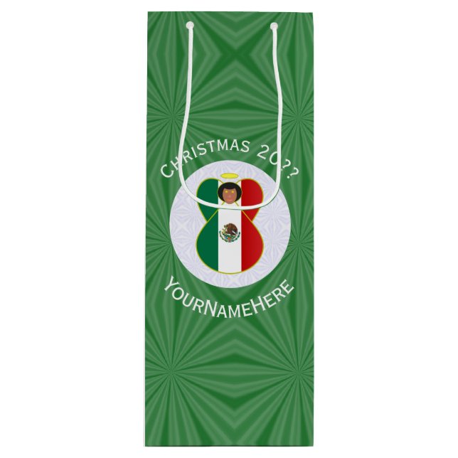 Sacola Para Vinho Bandeira de Natal do Anjo Mexicano Personalizada (Frente)