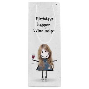 Sacola Para Vinho Bloco de Aniversário Figura Garota com Vidro Verme