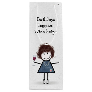 Sacola Para Vinho Bloco de Aniversário Figura Garota com Vidro Verme