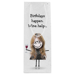Sacola Para Vinho Bloco de Aniversário Figura Garota com Vidro Verme