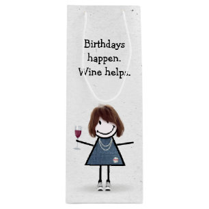 Sacola Para Vinho Bloco de Aniversário Figura Garota com Vidro Verme