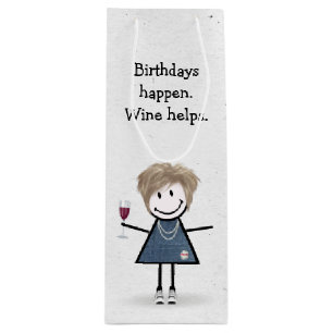 Sacola Para Vinho Bloco de Aniversário Figura Garota com Vidro Verme