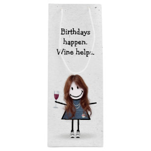 Sacola Para Vinho Bloco de Aniversário Figura Garota com Vidro Verme