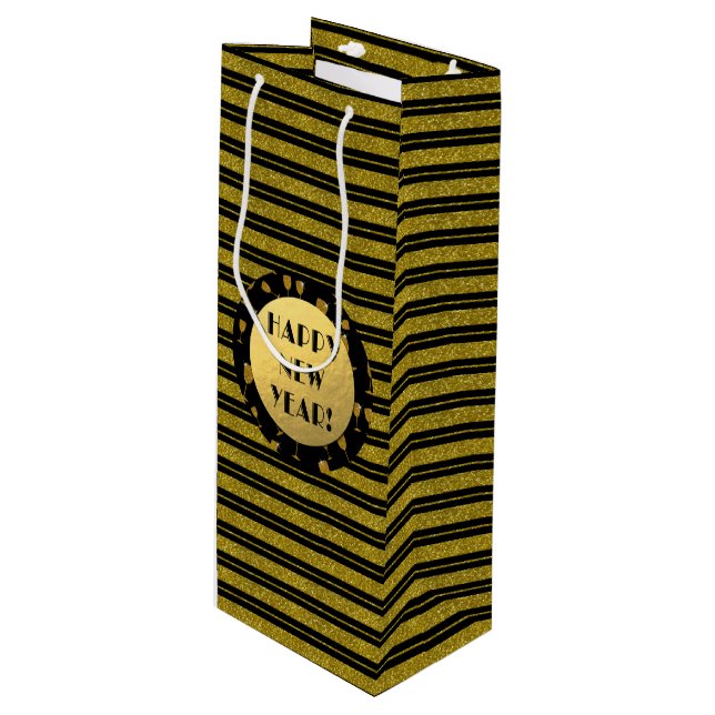 Sacola Para Vinho Brilhante Dourada, Vinho Feliz ano novo, Brilhante (Frente inclinada)