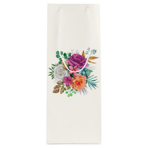 Sacola Para Vinho Buquê Floral Rosa, Laranja e Rosas Brancas