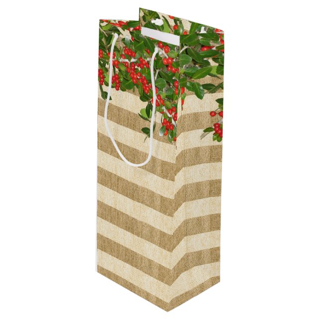 Sacola Para Vinho Burlap Stripes e Yaupon Holly de Natal (Frente inclinada)