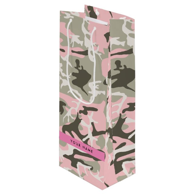 Sacola Para Vinho Camuflagem rosa e verde Seu nome personaliza (Frente inclinada)