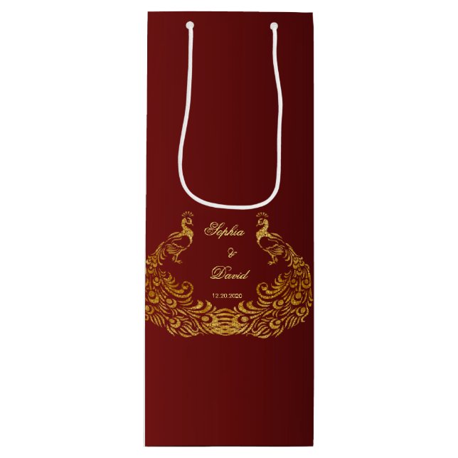 Sacola Para Vinho Casamento Dourado de Peacock Real Burgundy (Frente)