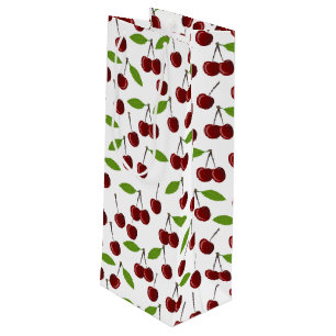 Sacola Para Vinho Cereja Vermelha, Padrão De Cerejas, Folhas, Fruta