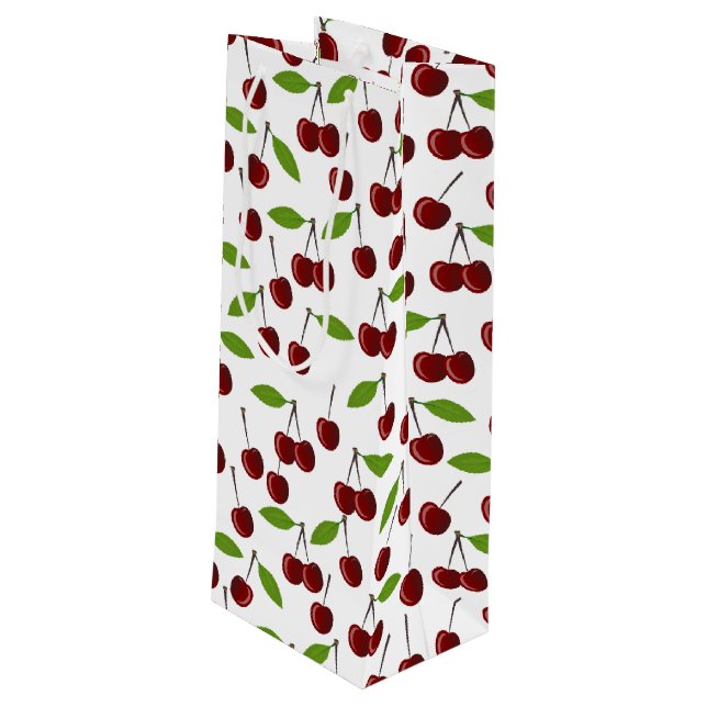 Sacola Para Vinho Cereja Vermelha, Padrão De Cerejas, Folhas, Fruta (Verso inclinado)