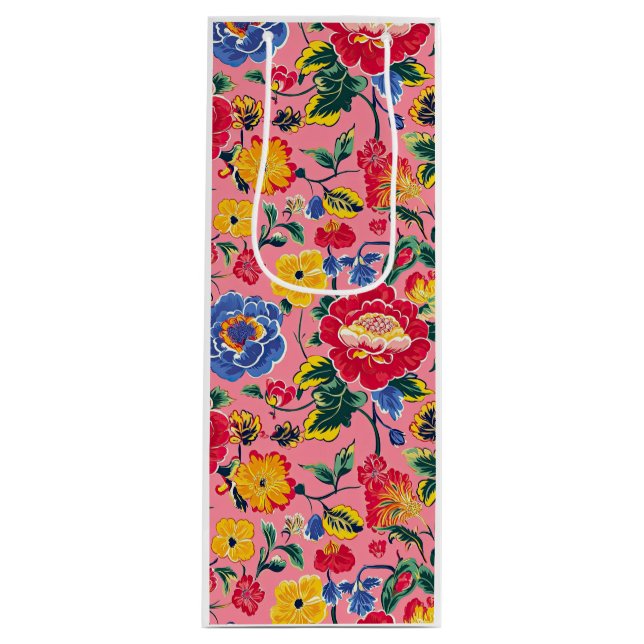 Sacola Para Vinho Chinoiserie Floral Rosa Brilhante (Frente)