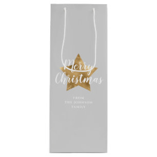 Sacola Para Vinho Cinza Elegante, Dourada Estrela Feliz Natal