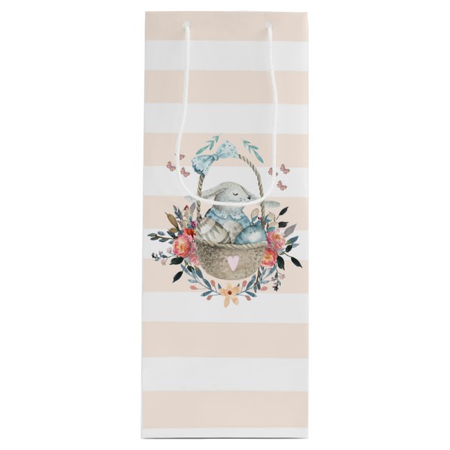 Sacola Para Vinho Coelhinho bonito em uma cesta com ovos e flores Bo (Frente)