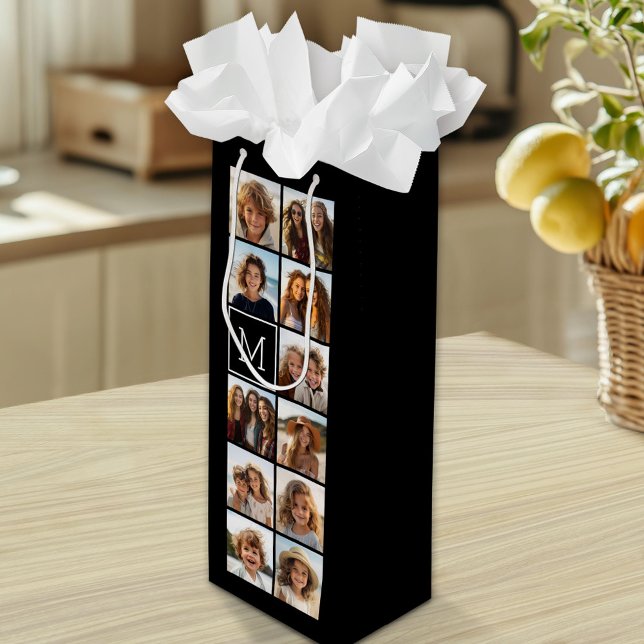 Sacola Para Vinho Colagem de grade de 11 fotos com monograma (Custom Gift Bag with Multiple Photos)