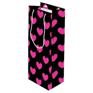 Sacola Para Vinho Corações de polca cor-de-rosa fuchsia em preto