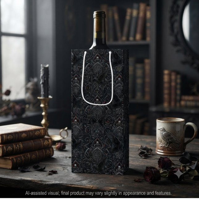 Sacola Para Vinho Corvo Barroco Onyx Temperamental (Baroque raven wine bottle gift bag for dark academia fans and gothic dinner parties.)