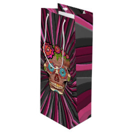 Sacola Para Vinho Crânio em madeira talhada com coroa floral