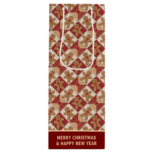 Sacola Para Vinho Cute Gingerbread Man Patchwork Pattern Custom (Frente)