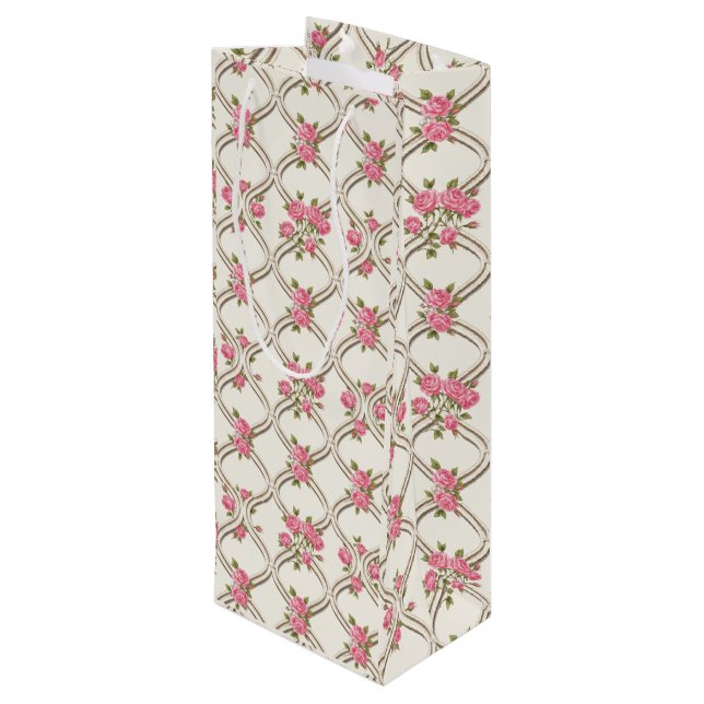 Sacola Para Vinho Elegant Rococo Revival Pink Floral & Beige Lattice (Verso inclinado)