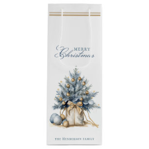 Sacola Para Vinho Elegante Árvore de Natal Dourada Nome Azul