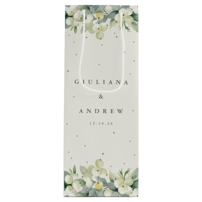 Sacola Para Vinho Elegante Cream Snowberry+Eucalyptus Casamento no i (Frente)