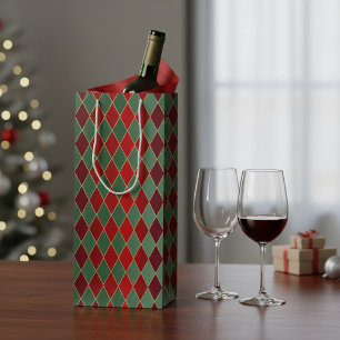 Sacola Para Vinho Elegante Harlequim Vermelho e Verde