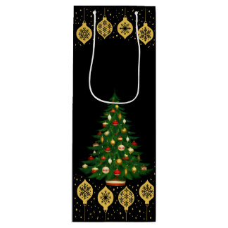 Sacola Para Vinho Enfeites de Natal em Ouro Elegante em Preto