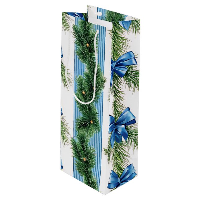 SACOLA PARA VINHO EVERGREEN GARLAND BLUE HOLIDAYS BOWS & STRIPES (Frente inclinada)