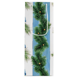SACOLA PARA VINHO EVERGREEN GARLAND BLUE HOLIDAYS BOWS & STRIPES