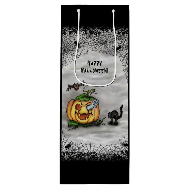 Sacola Para Vinho Fantasma, Gato, Bat e Pumpkin, Feliz Halloween! (Frente)