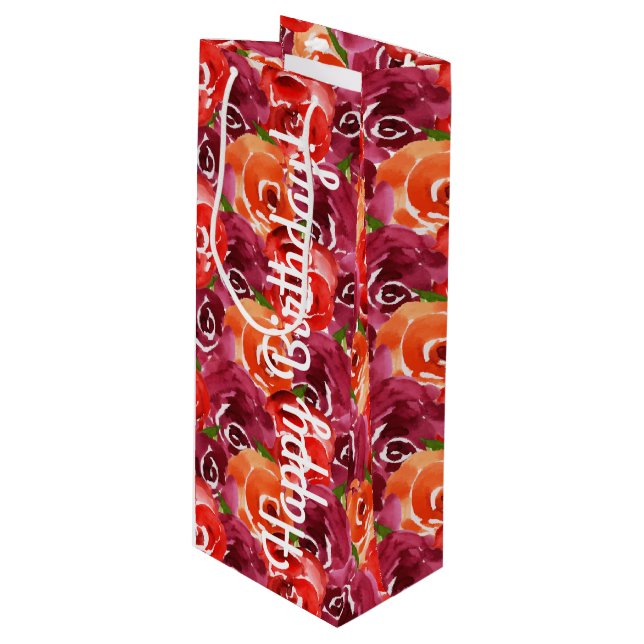 Sacola Para Vinho Feliz Aniversário Bright Watercolor Flowers (Frente inclinada)