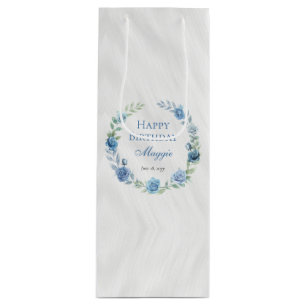 Sacola Para Vinho Feliz Aniversário do Floral Azul Elegante