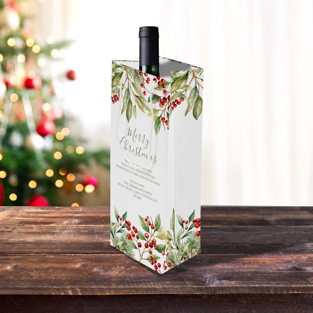 Sacola Para Vinho Feliz Natal Red Holly Greenery Personalizado (Merry Christmas red holly and greenery wine gift bag)