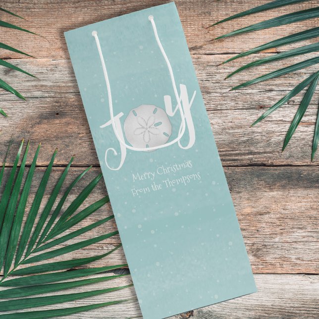 Sacola Para Vinho Feriado de Natal - Costela de Turquesa de Praia El (Holiday Joy typography wine gift bag with a whimsical beach theme.)
