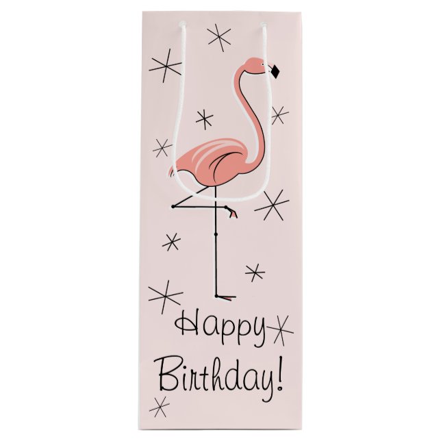 Sacola Para Vinho Flamingo Pink 'Feliz Aniversário!' garrafa de bols (Frente)
