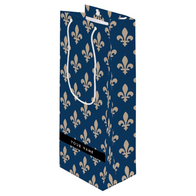 Sacola Para Vinho Fleur de Lis, Beige on Navy Blue, Royal, Your Name (Frente inclinada)