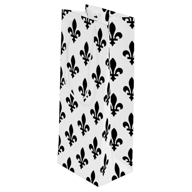 Sacola Para Vinho Fleur de Lis Pattern, Royal French, preto em branc (Verso inclinado)