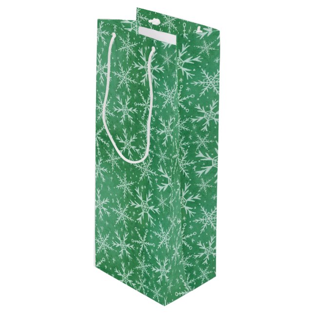 Sacola Para Vinho Flocos de neve de inverno de Natal a cair verde (Frente inclinada)