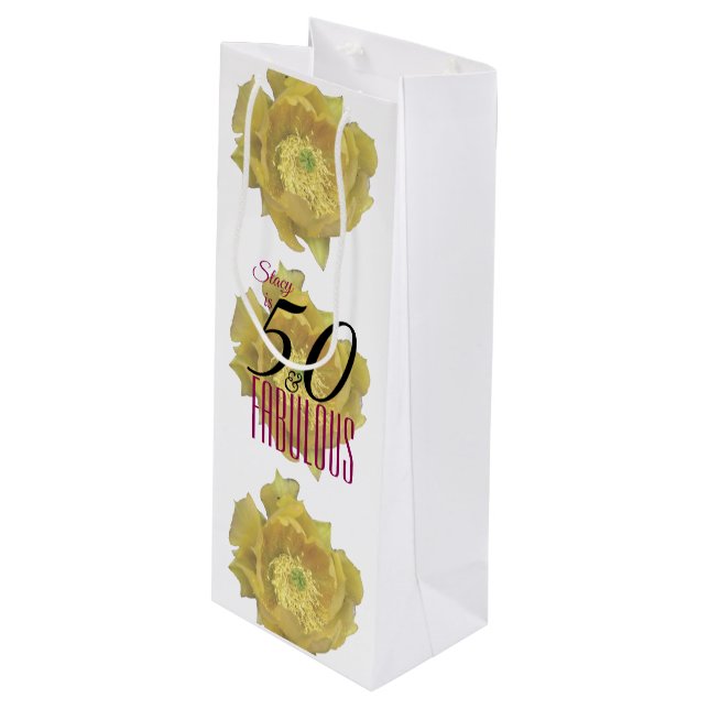 Sacola Para Vinho Flor amarelo de cacto 50 e aniversário fabuloso (Frente inclinada)