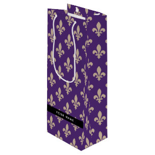 Sacola Para Vinho Flor de Lis, Bege sobre Roxo, Real, Seu Nome