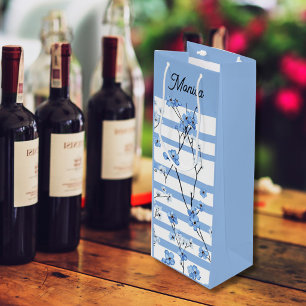 Sacola Para Vinho Flores Azuis Elegantes com Desenho Listrado